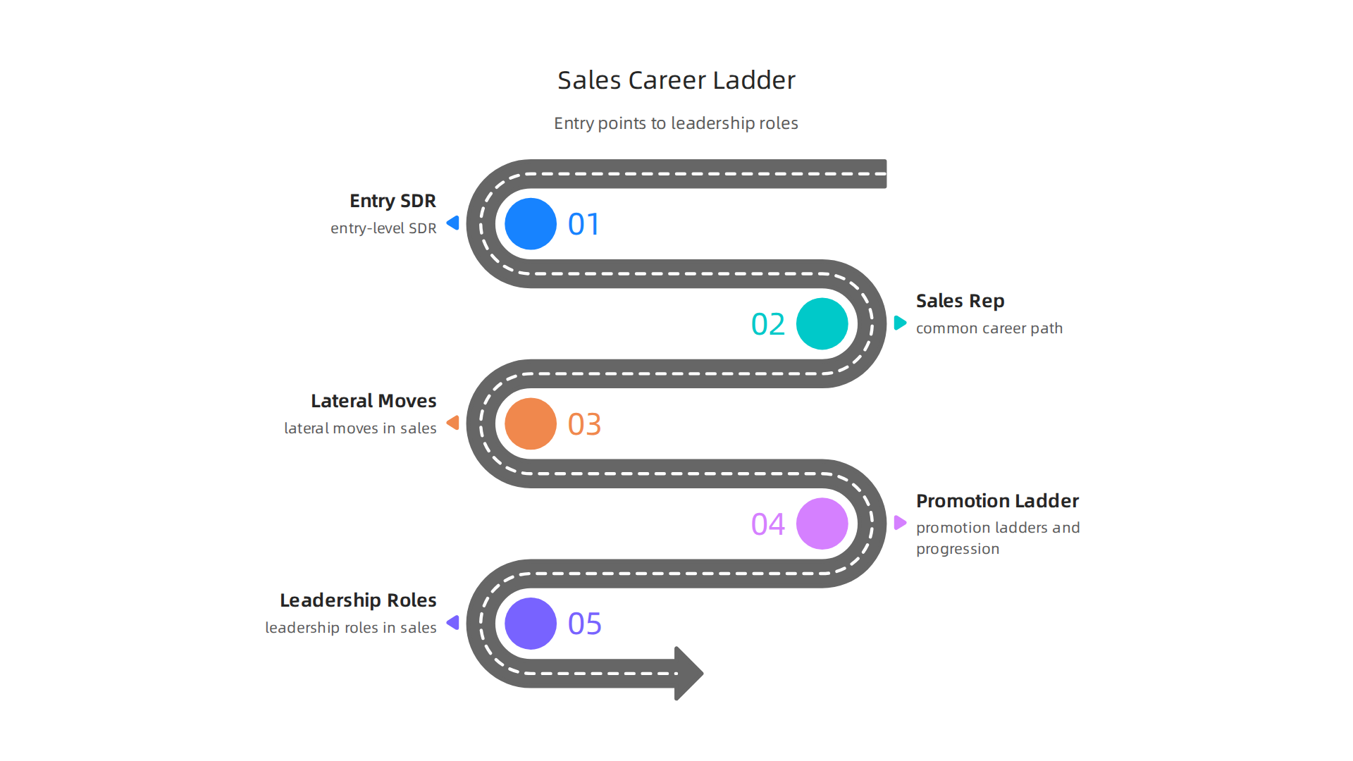 A visual representation of common career paths and progression for a sales representative, from entry-level SDR to leadership roles.