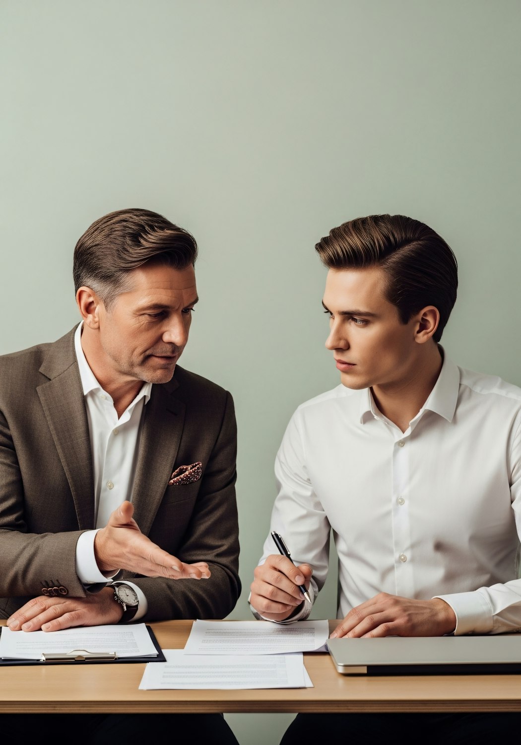 A sales mentor guides a new sales representative, sharing insights and personal advice to foster career growth.