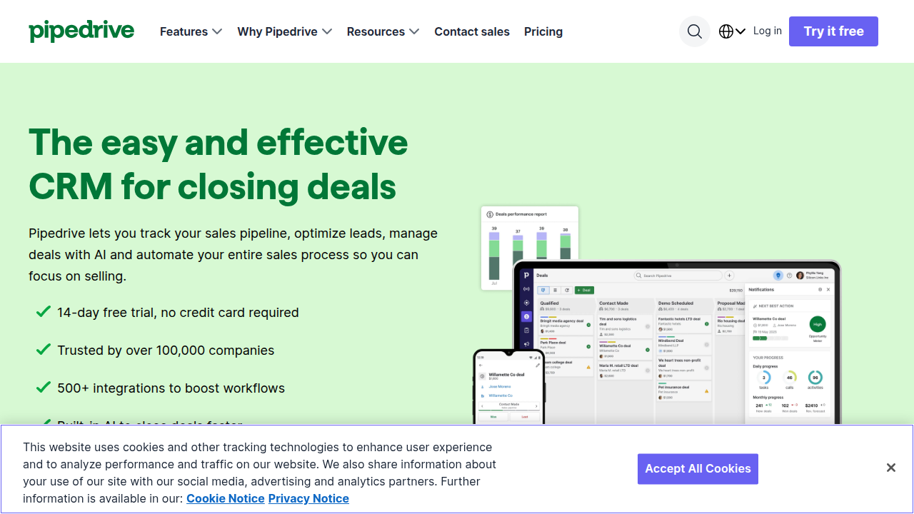 The Pipedrive CRM dashboard, illustrating its visual pipeline management and sales tracking features.