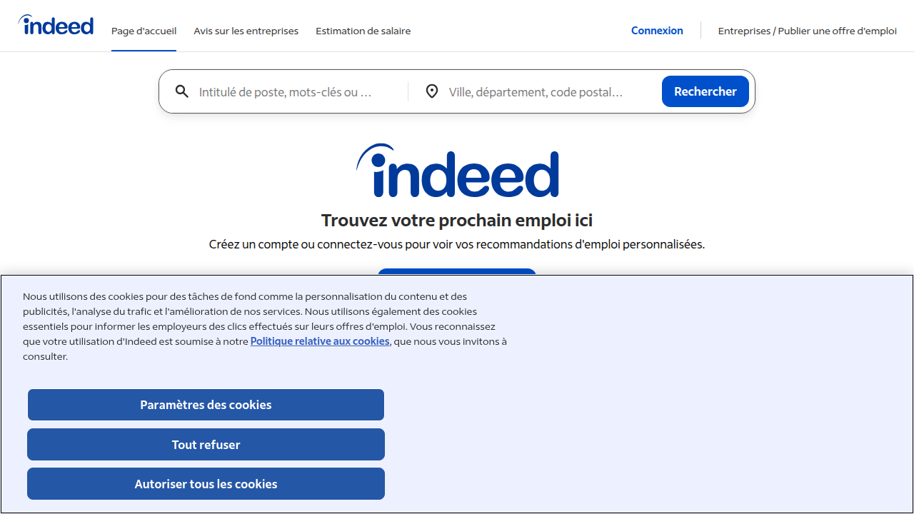 A screenshot of the Indeed.com homepage, a prominent online job board for finding remote independent sales representative opportunities.