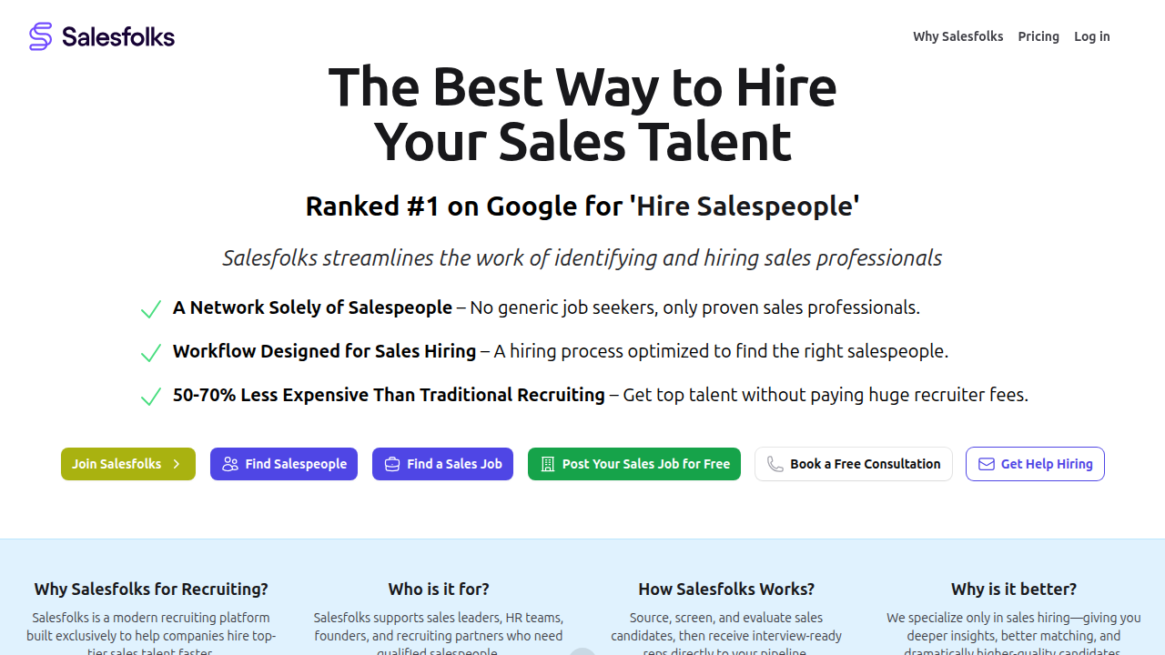 A screenshot of the Salesfolks.com homepage, a specialist recruiting agency connecting businesses with sales professionals, including independent contractors.