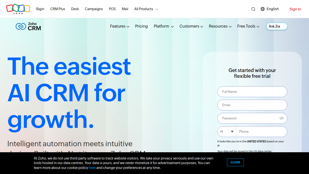A screenshot of the Zoho CRM homepage, showcasing an affordable and customizable customer relationship management solution ideal for independent sales representatives.