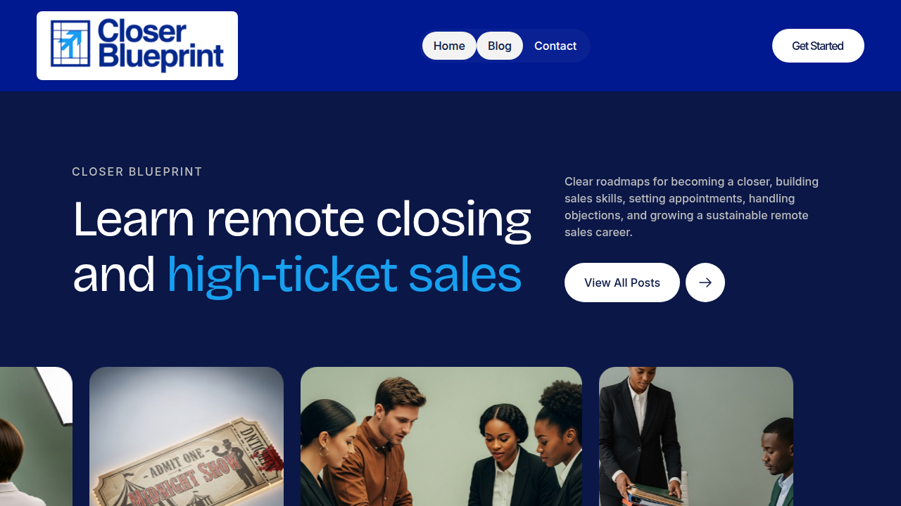 A screenshot of the CloserBlueprint.com homepage, which offers a roadmap to high-paying remote sales representative careers, a resource frequently linked in the article.