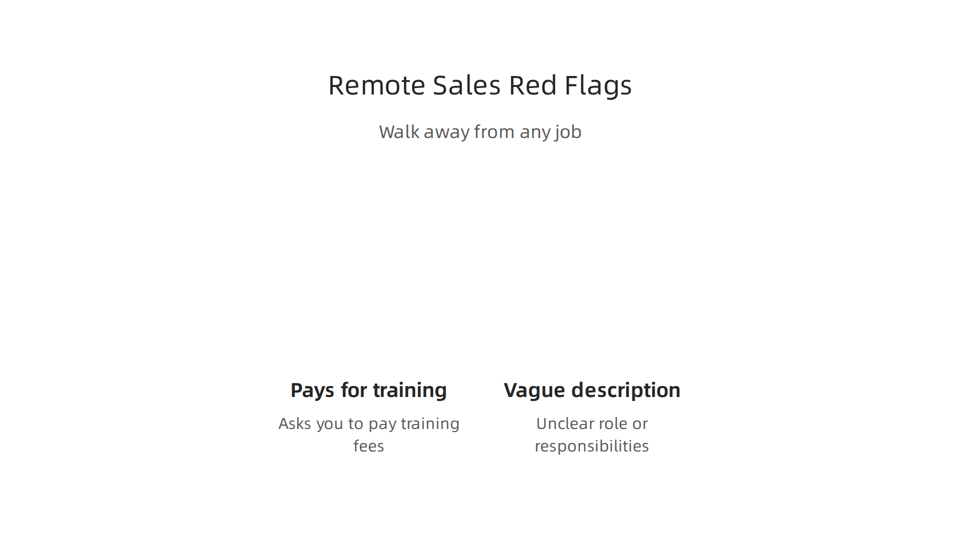 An infographic listing common red flags to watch out for when seeking legitimate high-ticket remote sales jobs, such as paying for training or vague job descriptions.