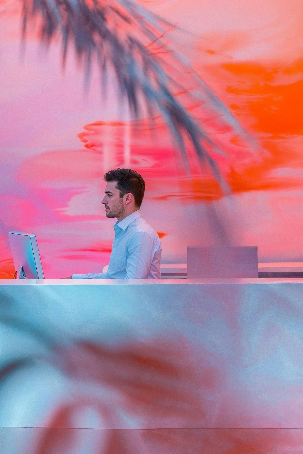 A sales professional working remotely with a view of a sunny Florida landscape, symbolizing the state's embrace of the remote work trend.