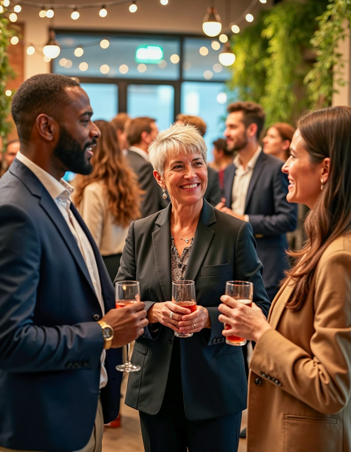 Professionals engaging in conversation and exchanging business cards at a local business meetup in Florida, emphasizing the importance of local networking.
