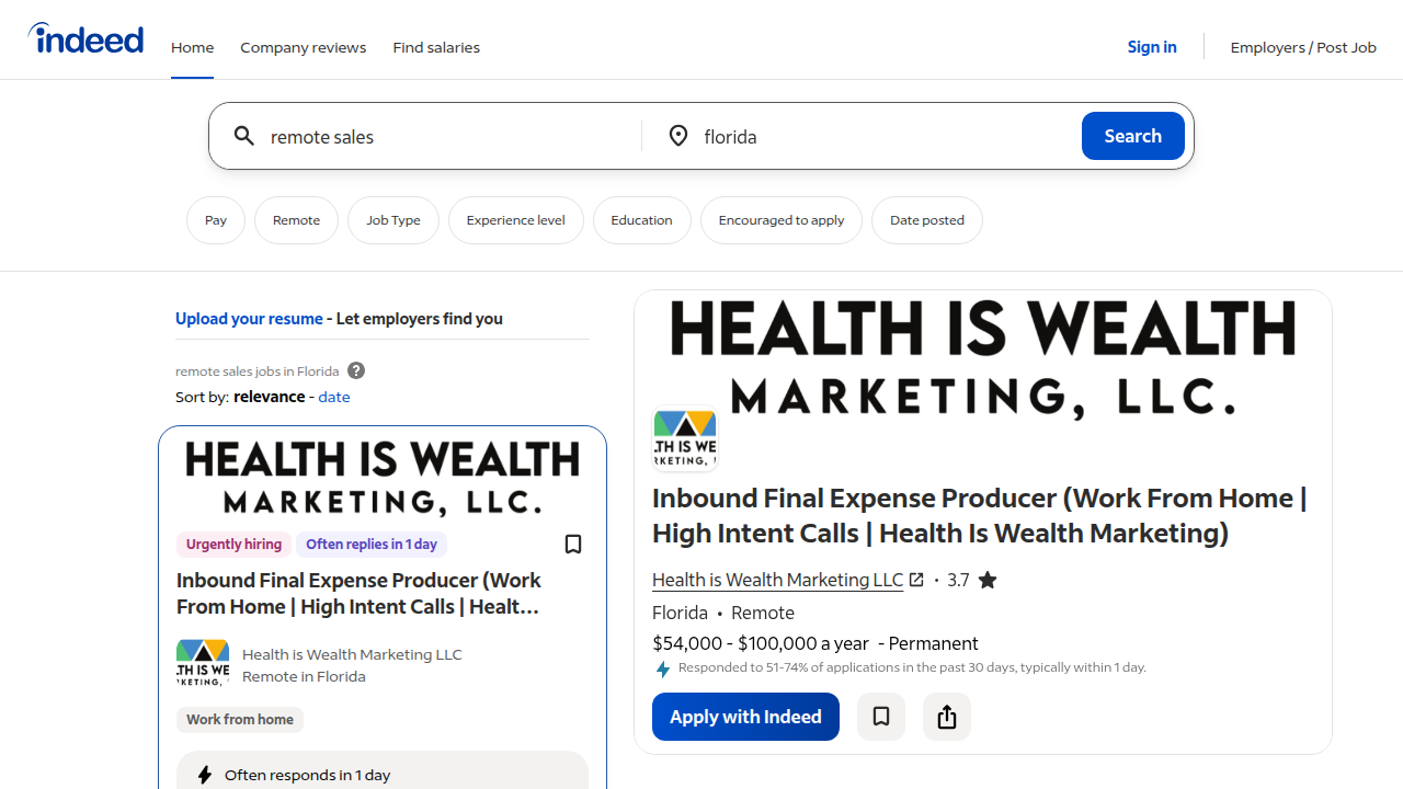 A screenshot of Indeed.com displaying search results for 'remote sales' jobs in Florida, demonstrating the abundance of opportunities.