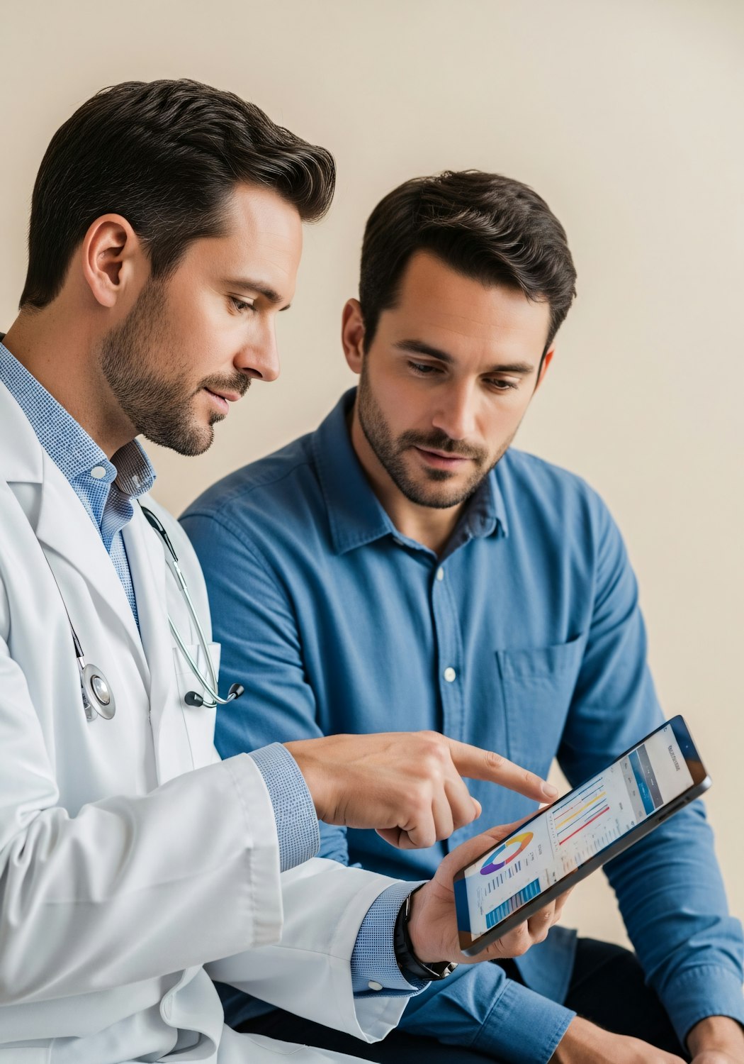 A medical device sales specialist engages with a doctor, demonstrating equipment or discussing its application in a clinical setting.