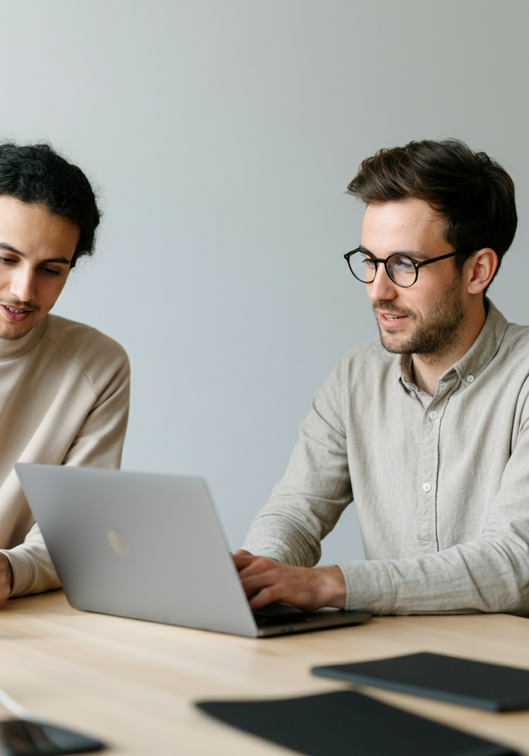 Photo of real people in a quick, informal Slack-style collaboration (no UI visible) to illustrate faster cross-team answers for closers.