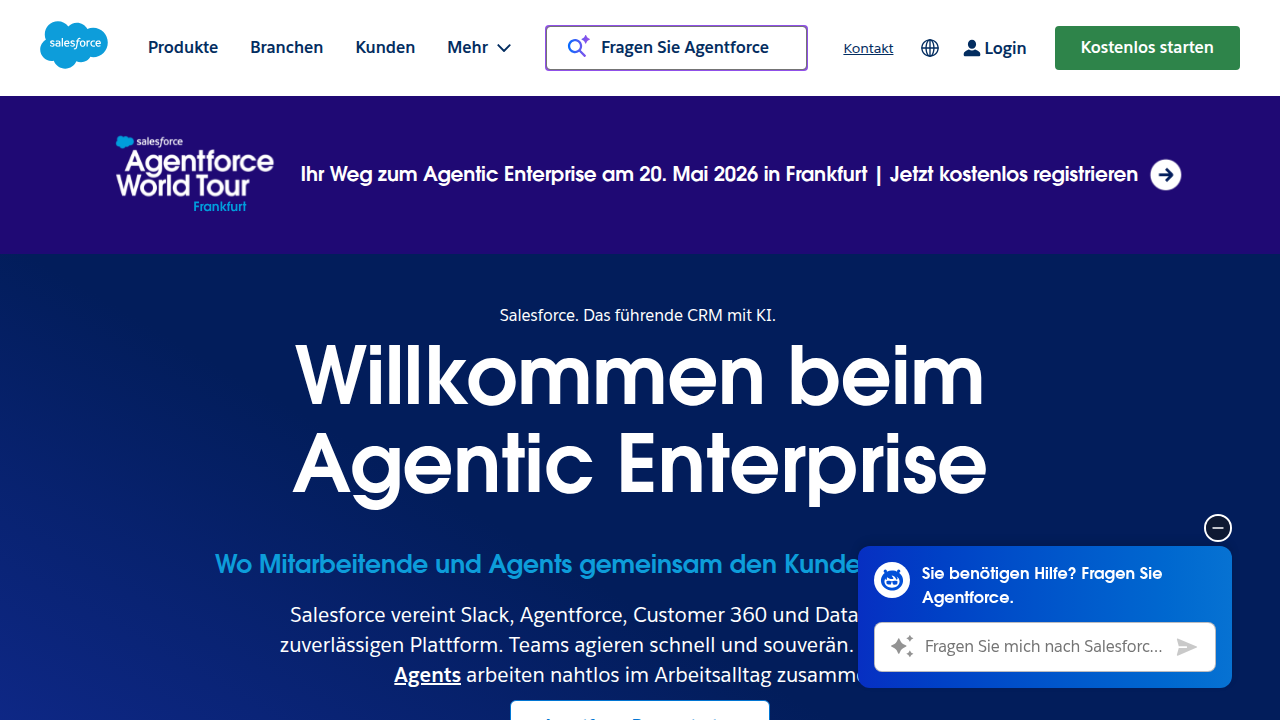 Screenshot of Salesforce homepage to visually anchor the article's citation of the 2026 State of Sales report and AI agent adoption.